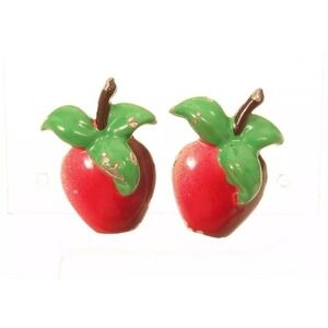 Old Antique Red & Green Enamel Apples Vintage Screw-back Earrings*Fruit